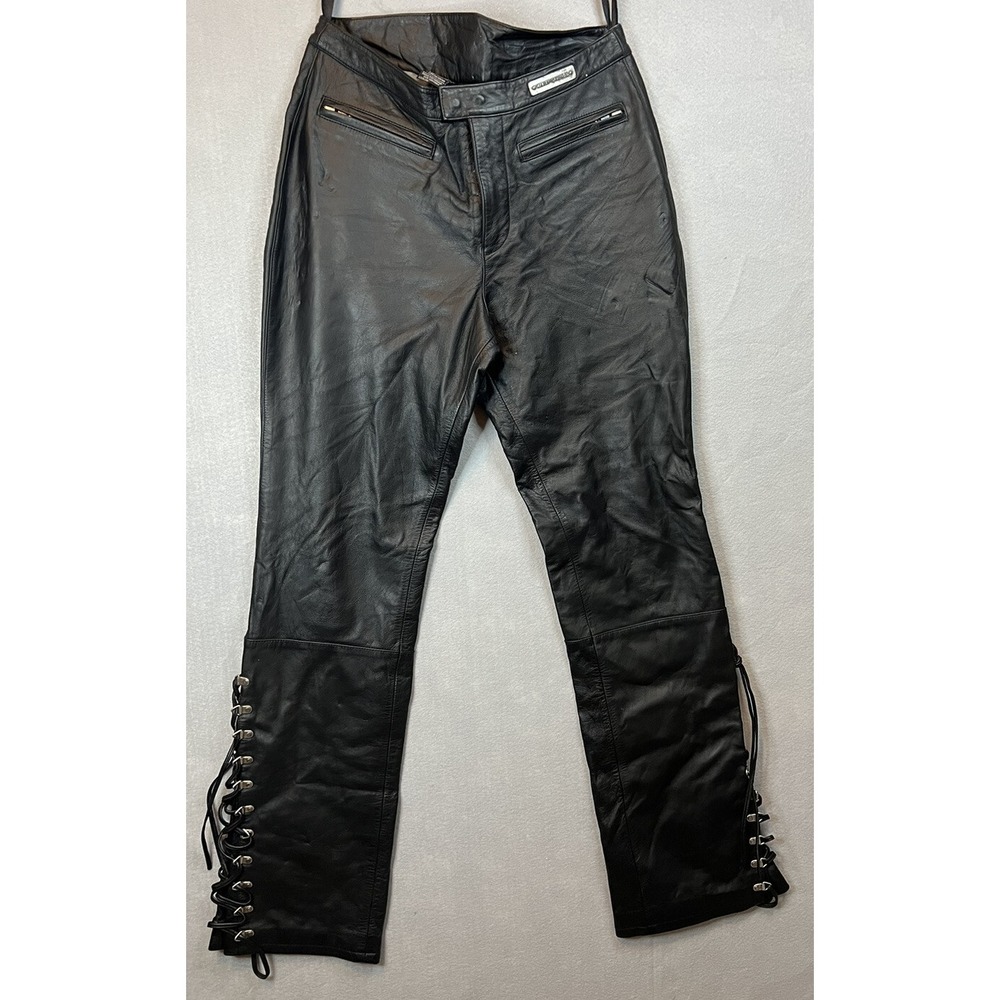 Harley Davidson Womens Size 8 /28 Black Leather Hook & Lace Rideing biker pants